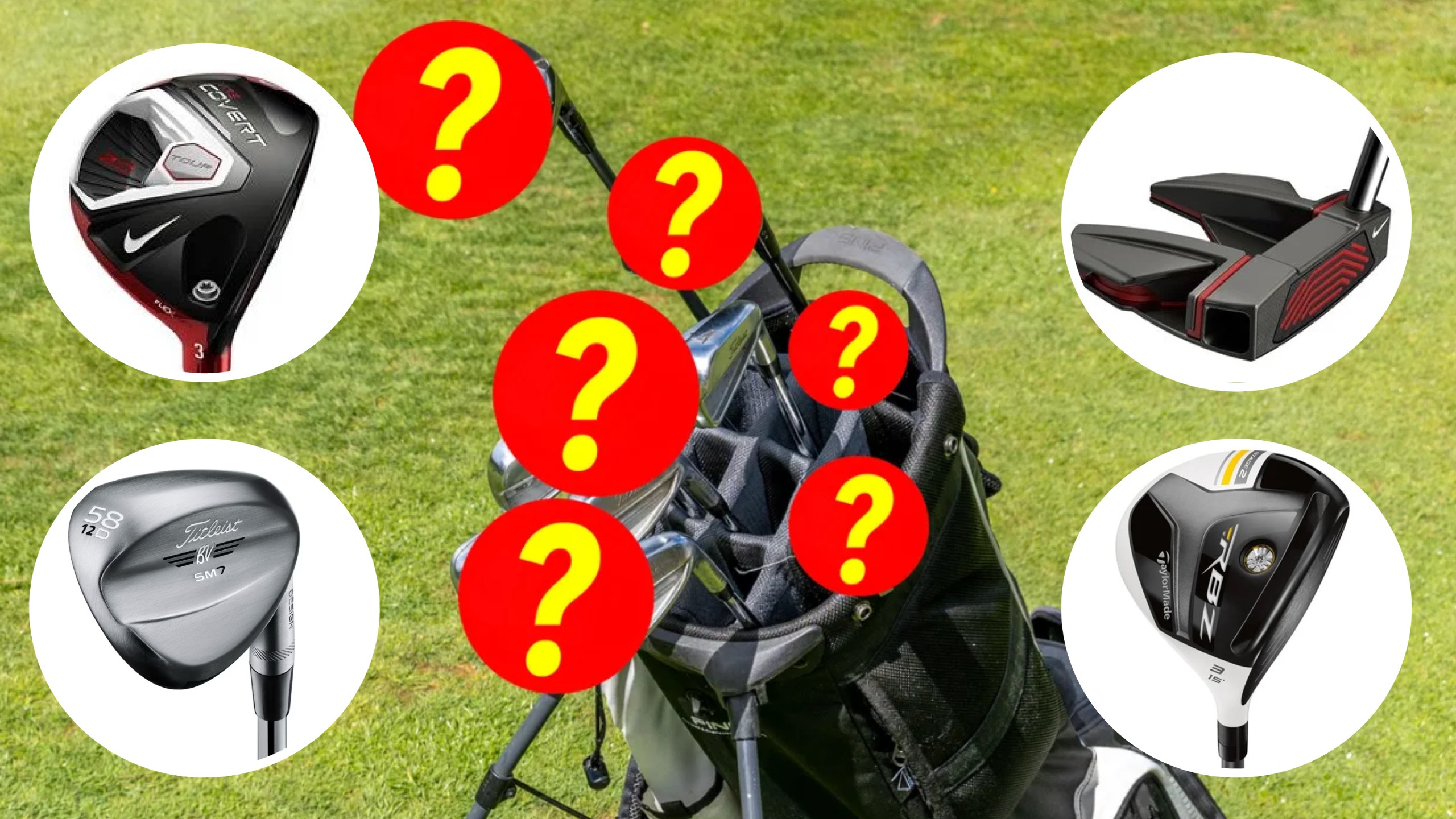 A golf bag with question marks hiding each club and four insets of a Nike fairway wood, Nike putter, Titleist wedge and TaylorMade fairway wood