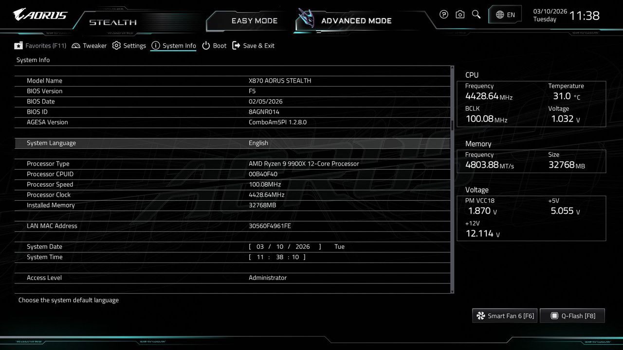 Gigabyte X870 Aorus Stealth - BIOS