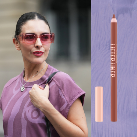 A woman wearing a purple shirt and pink sunglasses next to lip liner.