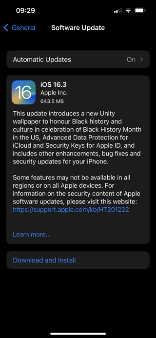 The update screen for iOS 16.3 on an iPhone 13, on a dark background