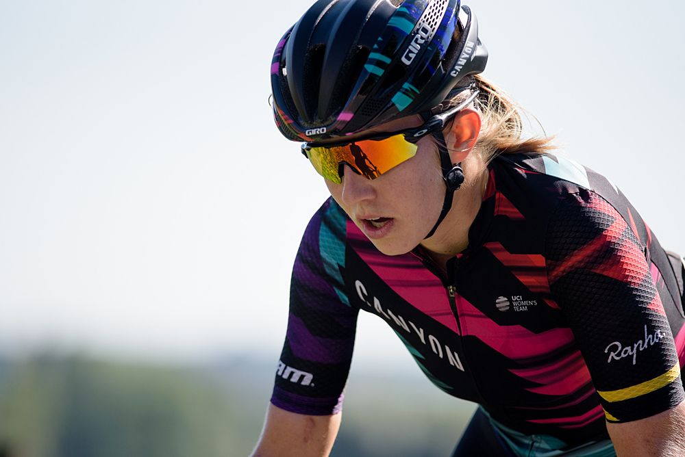 Alexis Ryan (CANYON//SRAM Racing) attacks on the climbs on the road back to Moorslede at the 121 km Stage 1 of the Lotto Belgium Tour 2016