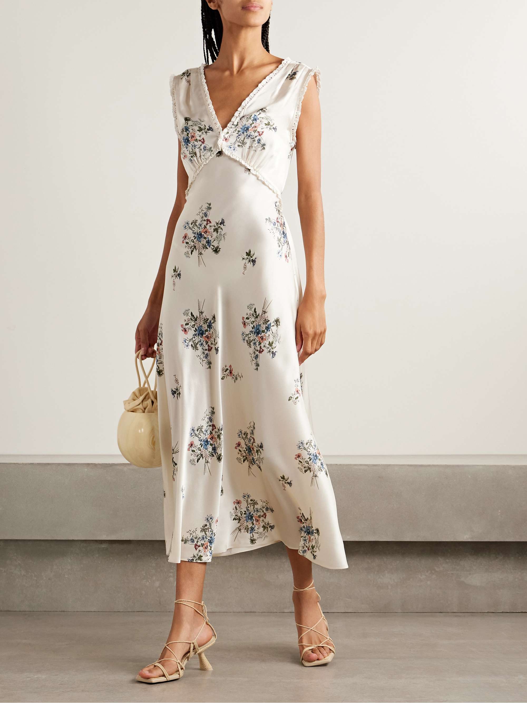 Tahlia Lace-Trimmed Floral-Print Silk-Charmeuse Midi Dress