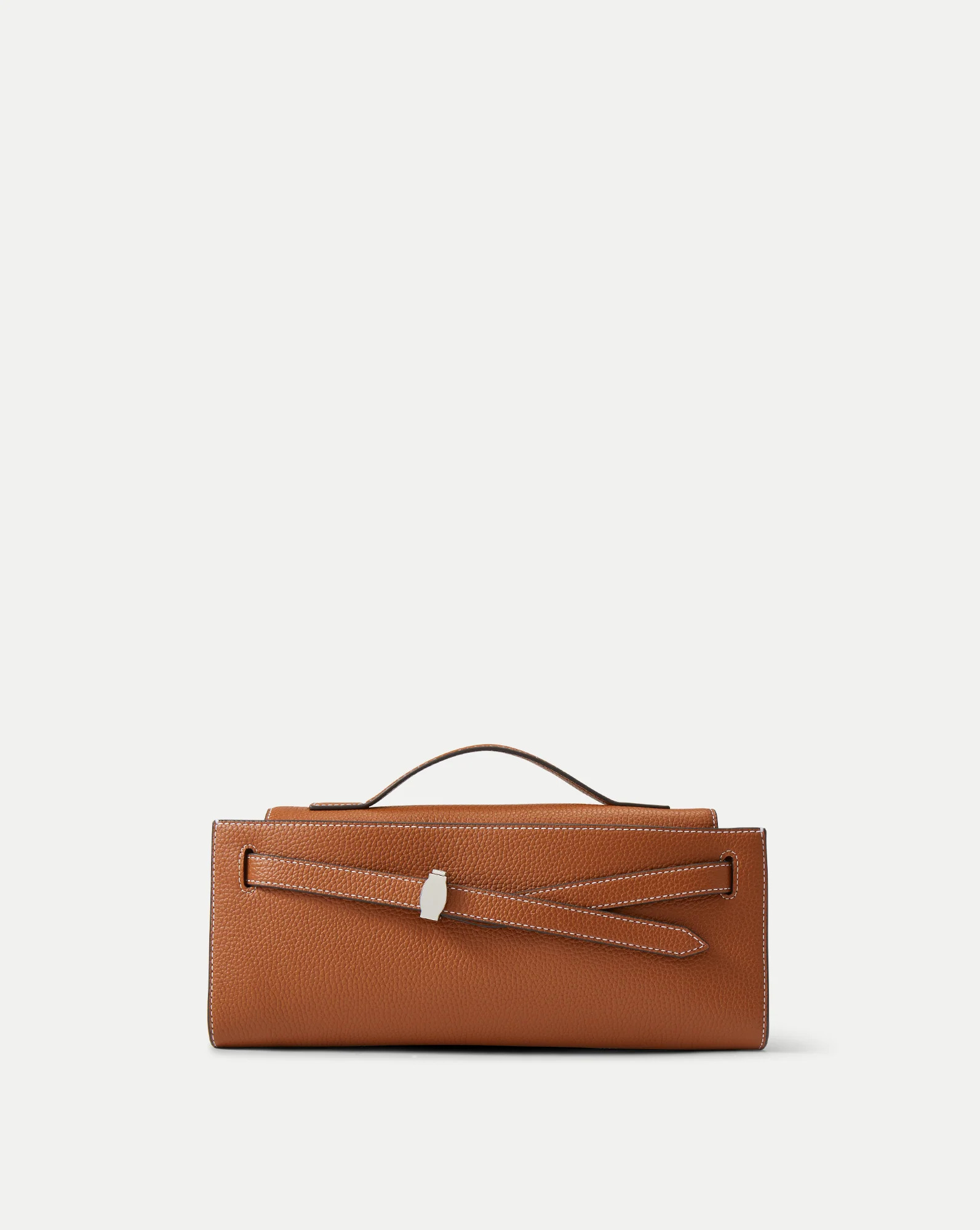 An image of a brown leather clutch with a strap across the front