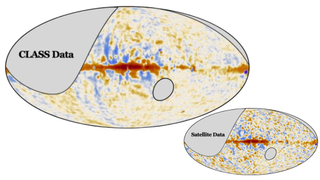 New CLASS polarization sky maps have less noise than the corresponding satellite maps. The direction of polarization is depicted by red and blue while the polarization strength is captured by the depth of color. Gray sections depict parts of the sky that the CLASS telescopes cannot observe due to their geographical location.