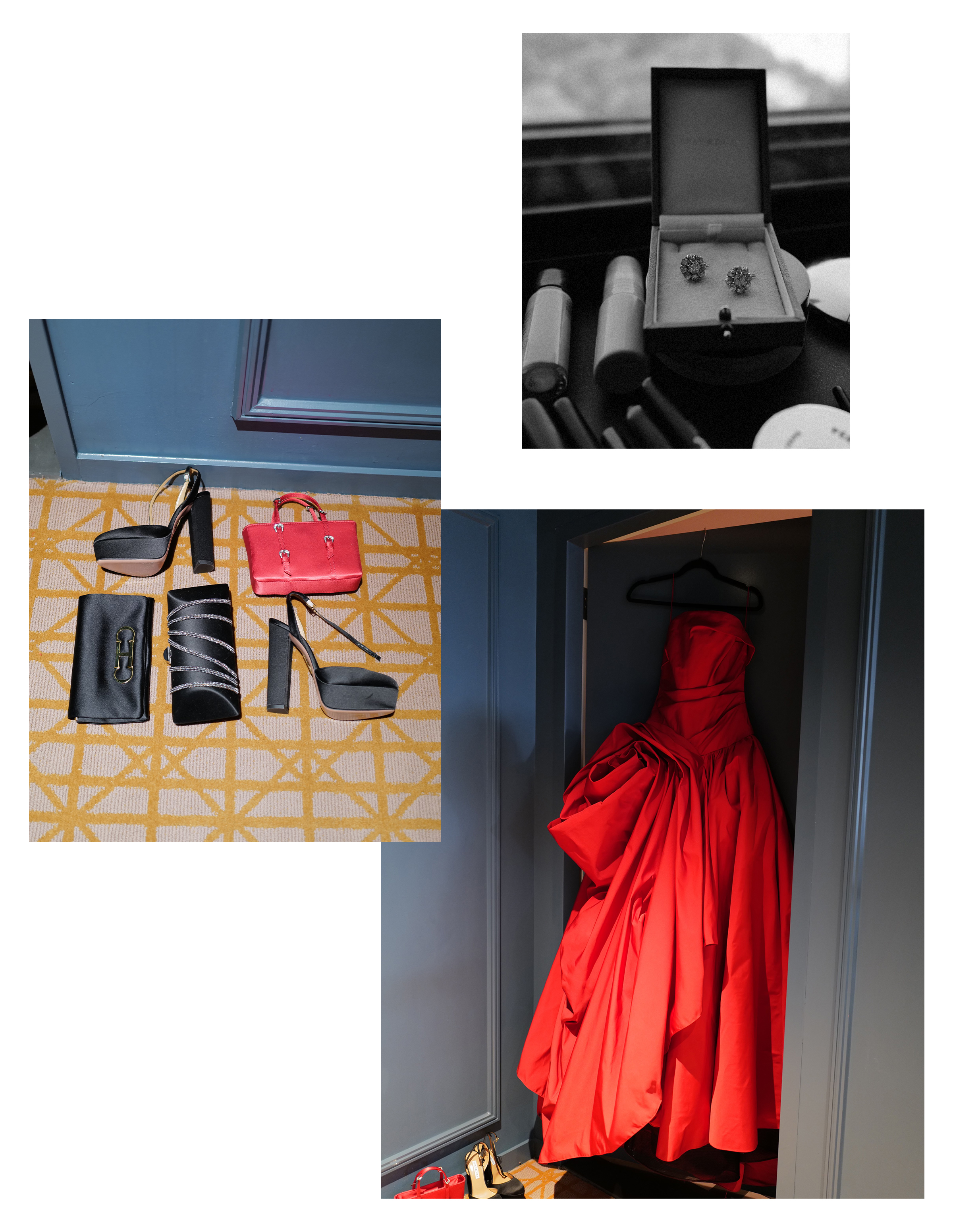 Product shots of Mckenna Grace's Marchesa gown and accessories.