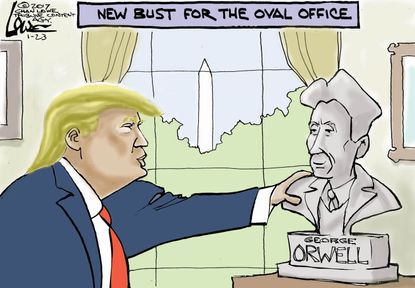 Political Cartoon U.S. Trump installs dystopian George Orwell bust Oval Office