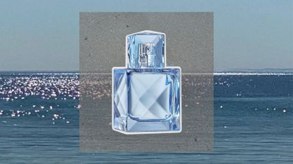 Khlo&eacute; Kardashian XO Blue Eau de Parfum against an ocean background
