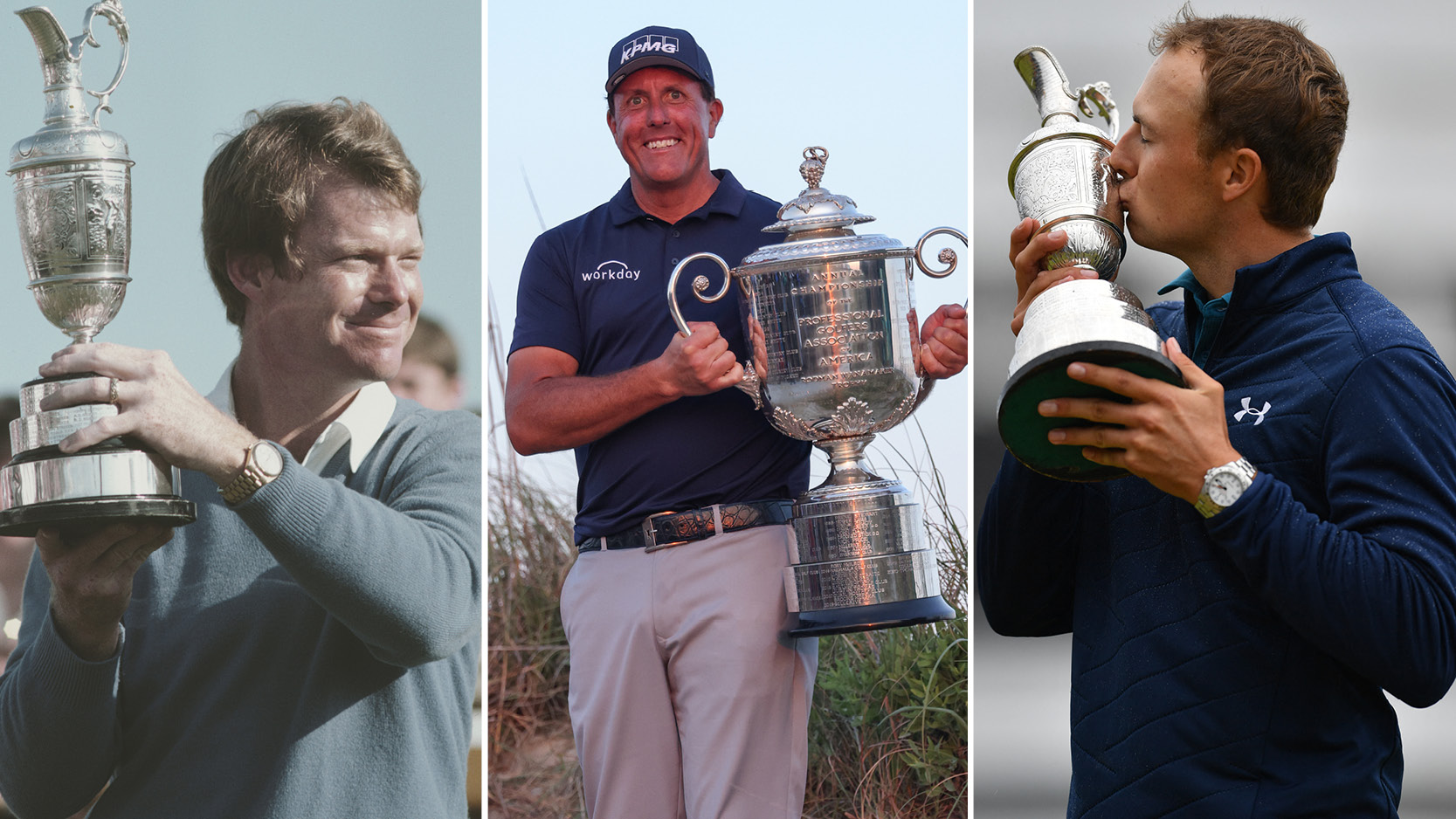 Tom Watson, Phil Mickelson and Jordan Spieth old Major trophies