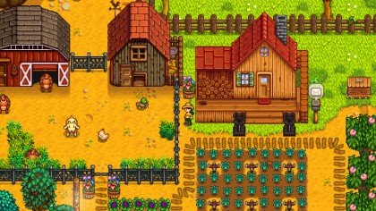 En översikt på en gård i Stardew Valley, med grödor, hus och husdjur.