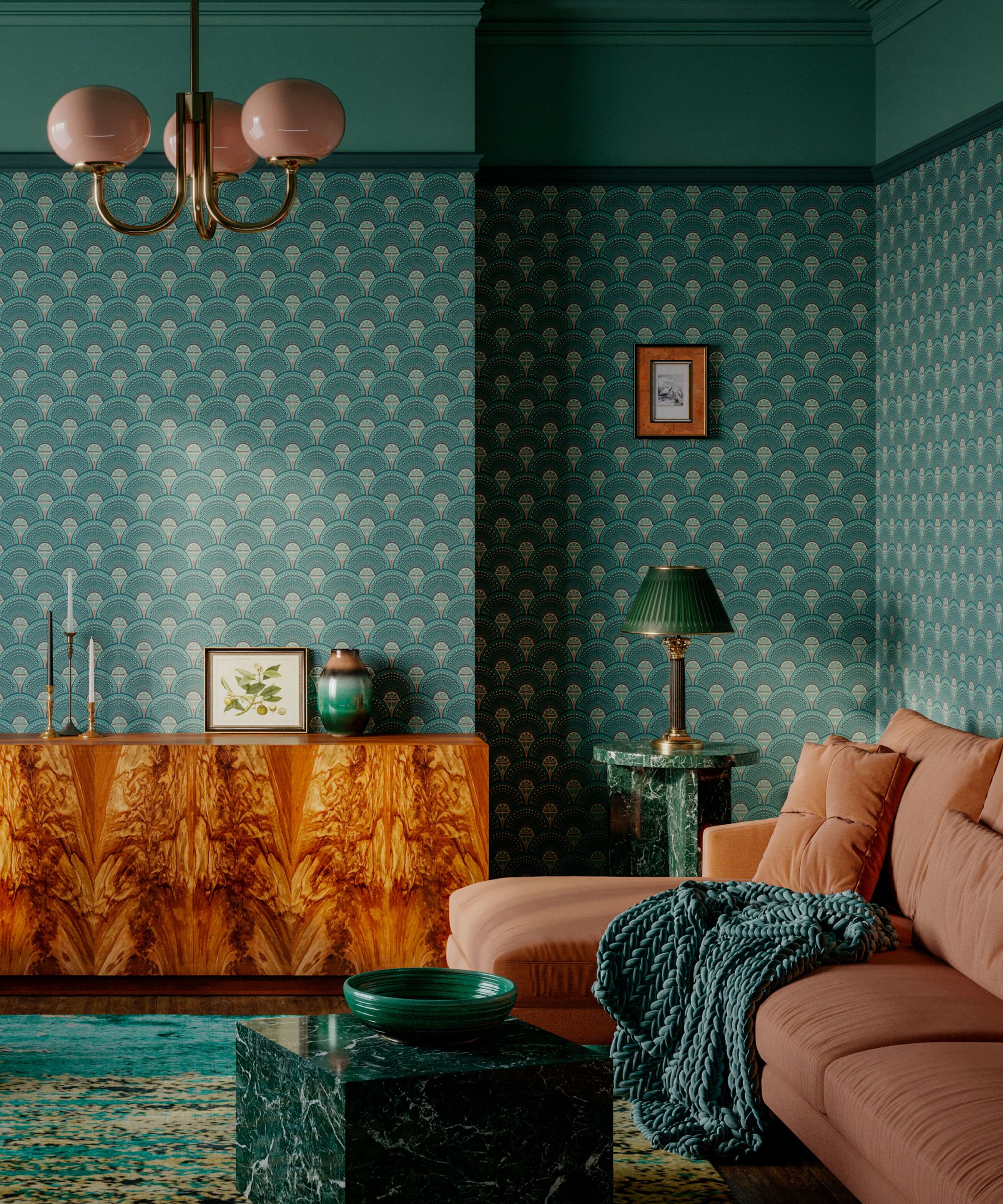 Green art deco wallpaper with picture rail. Mid century side board and round lamp ceiling chandelier