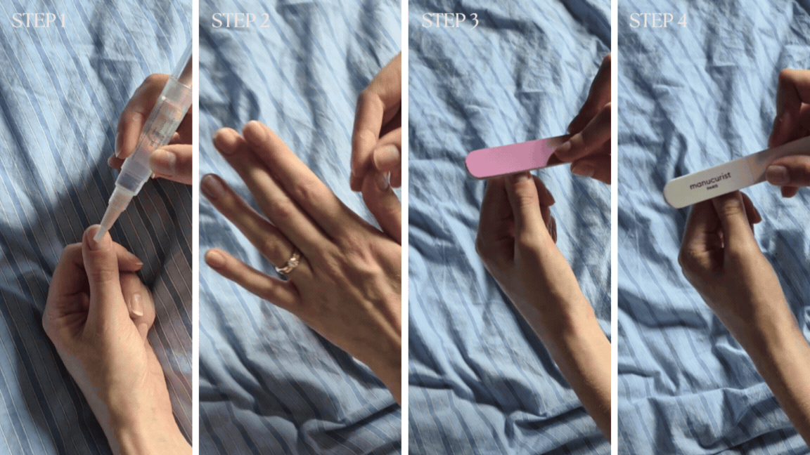 A series of gifs showing Digital Beauty Writer, Naomi Jamieson applying the Manucurist Glossy Booster Duo to her nails, in four steps, from applying the peel to her nails, to buffing them with a nail buffer.