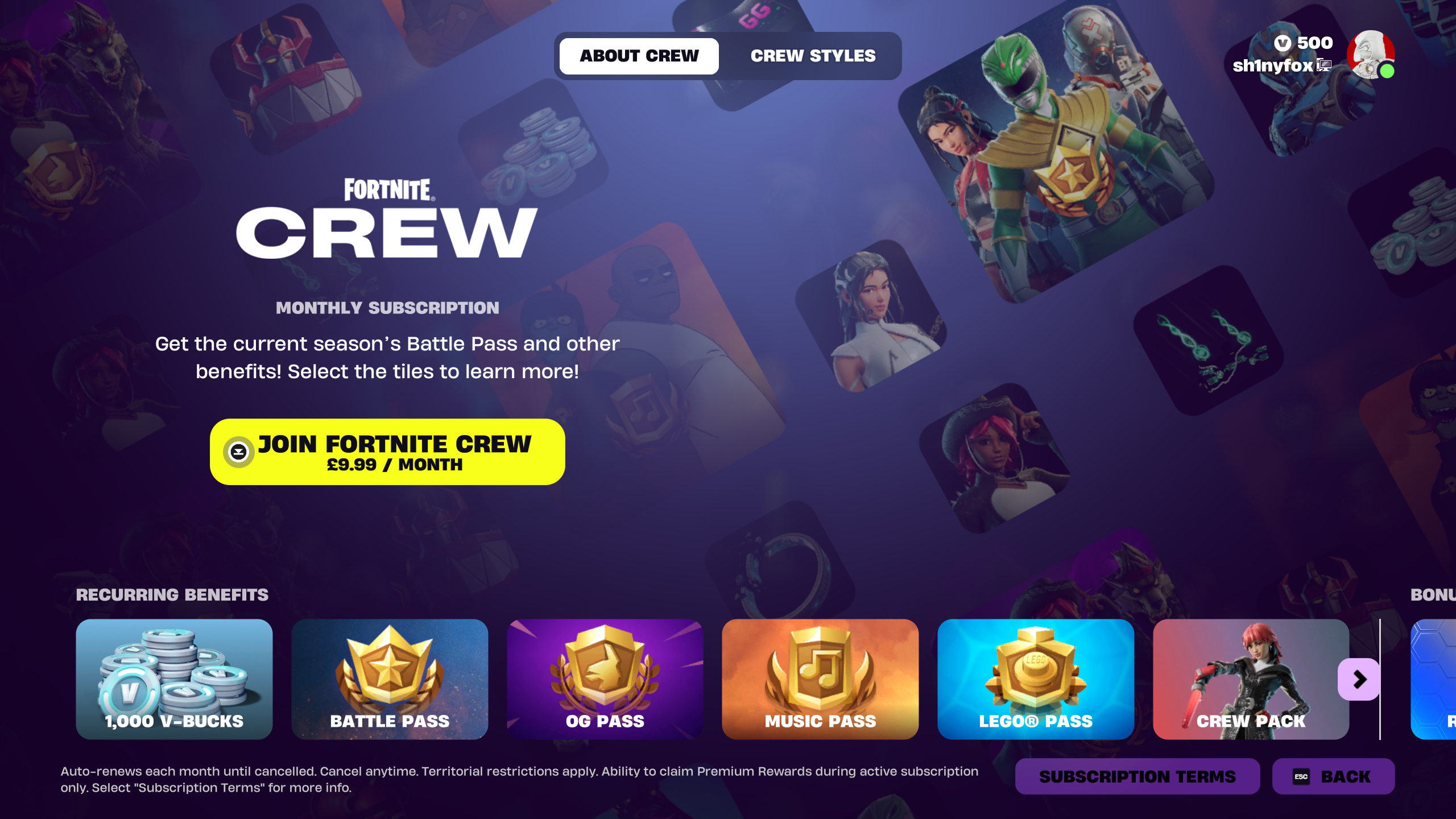 Fortnite Crew buy screen inside Fortnite.