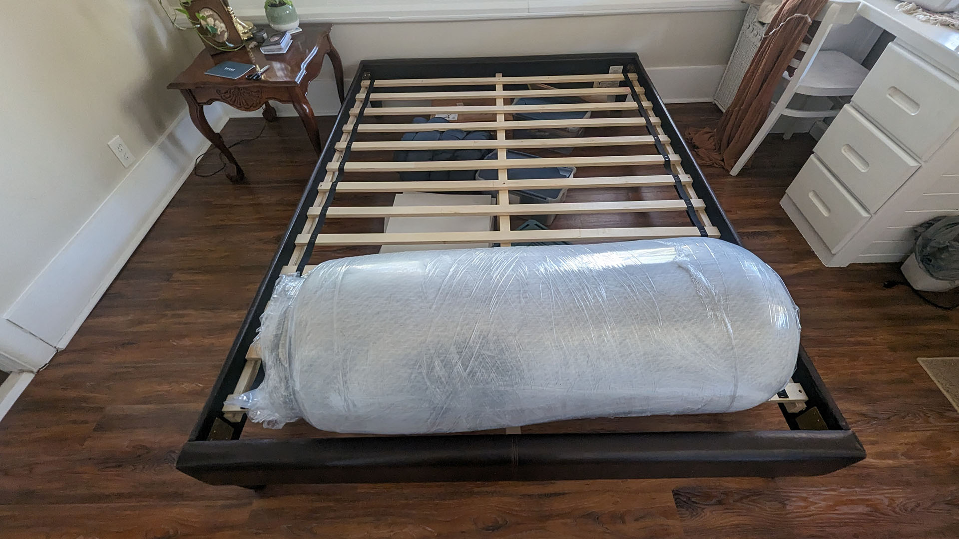 Leesa Oasis Chill Hybrid mattress out of its box, but still in plastic wrapping