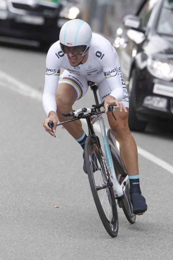 Leopard Trek's Fabian Cancellara on his way to his fifth Tour de Suisse opening time trial win