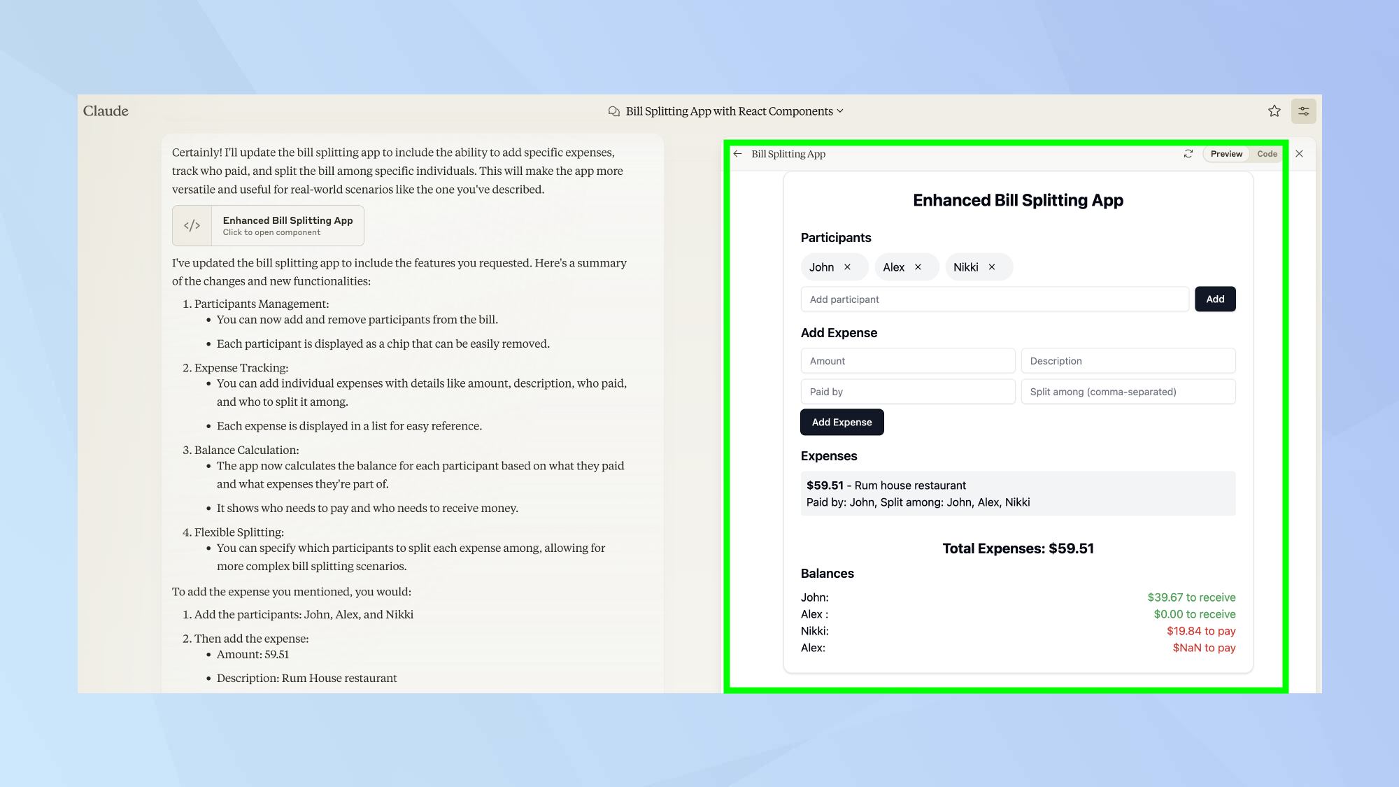 Claude bill-splitting app enhanced prompt