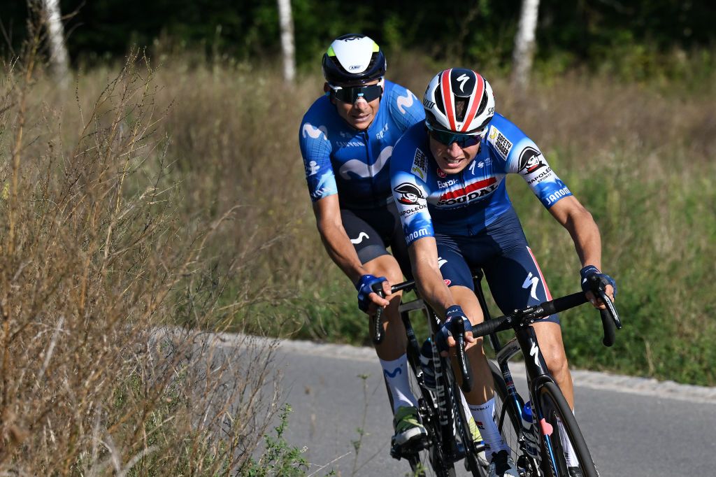 DIEKIRCH LUXEMBOURG SEPTEMBER 20 LR Davide Formolo of Italy and Movistar Team and Mauri Vansevenant of Belgium and Team Soudal QuickStep compete in the breakaway during the 84th Tour de Luxembourg 2024 Stage 3 a 2013km stage from Rosport to Diekirch UCIWT on September 20 2024 in Diekirch Luxembourg Photo by Tim de WaeleGetty Images