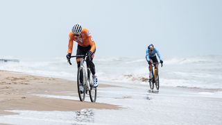 Mathieu van der Poel and Wout van Aert racing at cyclocross worlds in Ostend