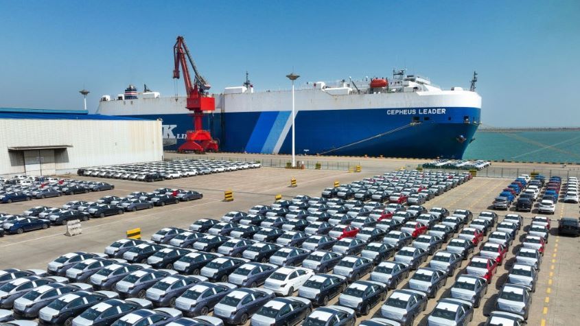 Aerial view of a large number of vehicles waiting for shipment at Lianyungang Port