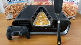 Complete with a slice of frozen pizza and a spatula sporting a PlayStation logo