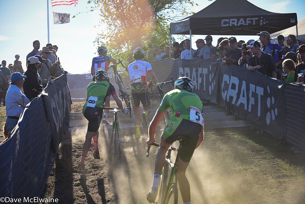 Jeremy Powers (Aspire Racing) leading the three Cannondale riders at the beer garden stairs