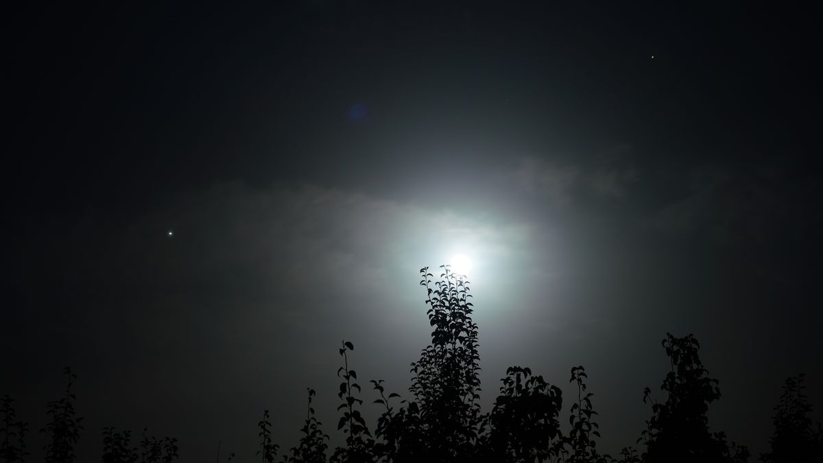 The moon rises with Saturn and Jupiter on Aug. 21, 2021 in Korla, China.