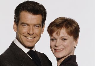 Samantha Bond, who will guest star in Death in Paradise, with Pierce Brosnan for the James Bond film The World's Not Enough