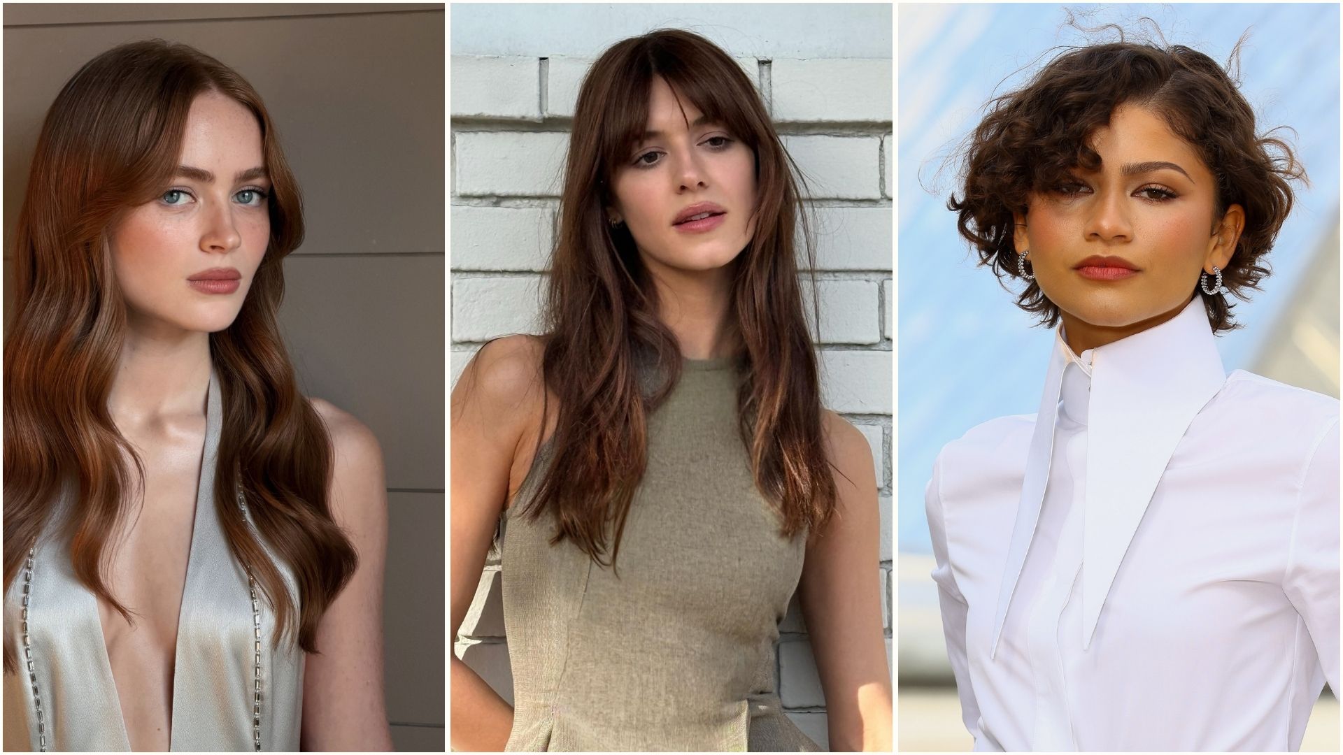A collage with Sadie Sink, Daisy Edgar Jones and Zendaya with layered haircuts and a fringe