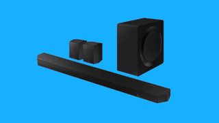 Samsung HW-Q990D soundbar on blue background