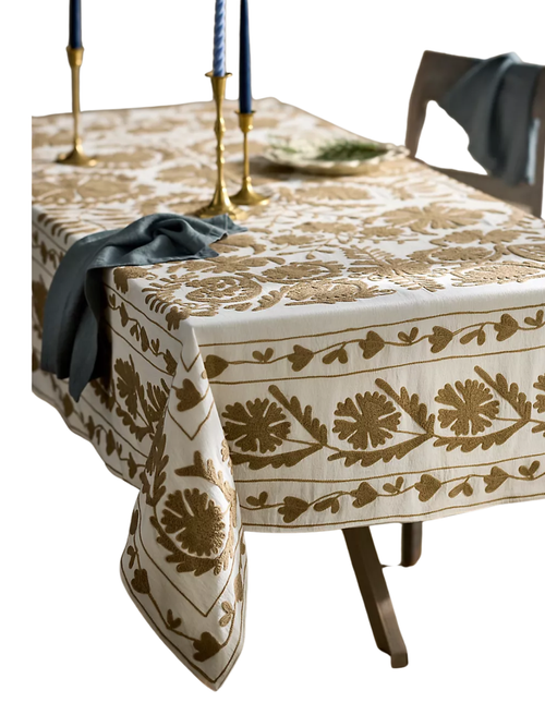 Crewel Stitch Cotton Tablecloth, White

