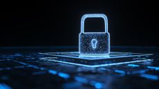 An abstract image showing a holographic padlock above a blue floor made of lines of code