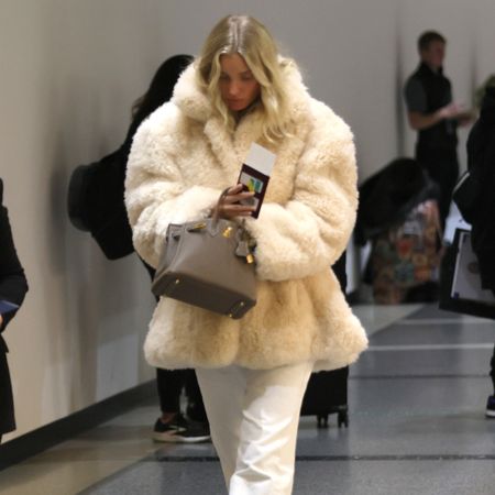 Elsa Hosk white jeans fur jacket