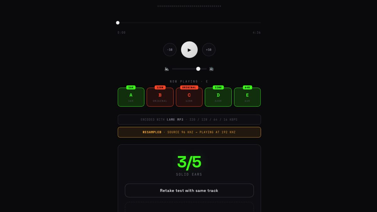 Screenshots of the Flactest page after testing my hearing, indicating that I got 3 out of 5 tests correct