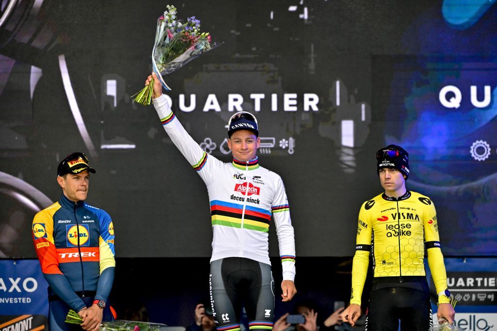 Belgian Jasper Stuyven of Lidl-Trek, Dutch Mathieu van der Poel of Alpecin-Deceuninck and Belgian Wout van Aert of Team Visma-Lease a Bike pictured on the podium after the 'E3 Saxo Bank Classic' one day cycling race, 207km from and to Harelbeke, Friday 22 March 2024. BELGA PHOTO DIRK WAEM (Photo by DIRK WAEM / BELGA MAG / Belga via AFP)