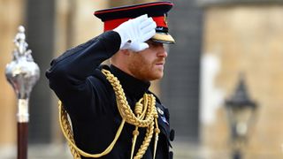Britain's Prince Harry, Duke of Sussex, salutes after laying a Cross of Remembrance in front of wooden crosses from the Graves of Unknown British Soldiers from the First and Second World Wars, during his visit to the Field of Remembrance at Westminster Abbey in central London on November 8, 2018. - In the run-up to Armistice Day, many Britons wear a paper red poppy -- symbolising the poppies which grew on French and Belgian battlefields during World War I -- in their lapels. (Photo by Ben STANSALL / AFP)