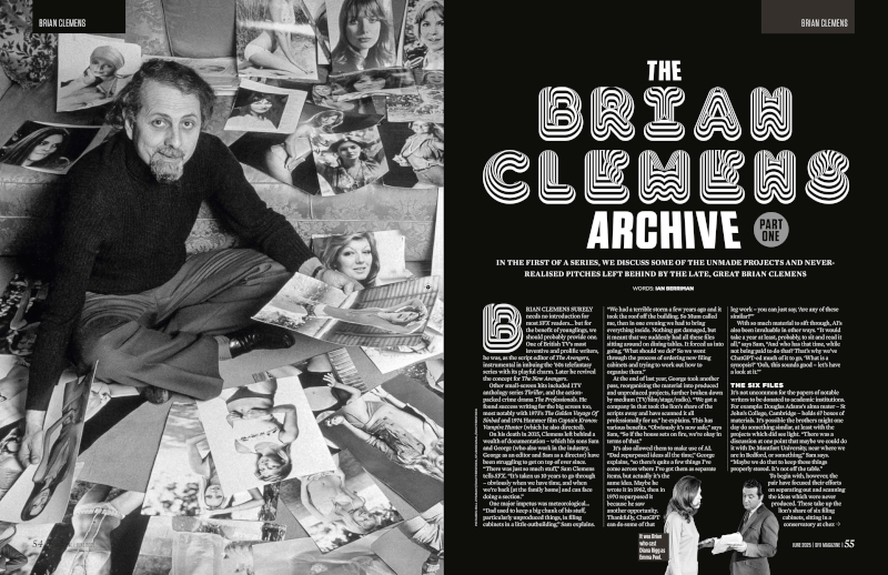 Brian Clemens sitting on the floor, surrounded by photographs of actresses.
