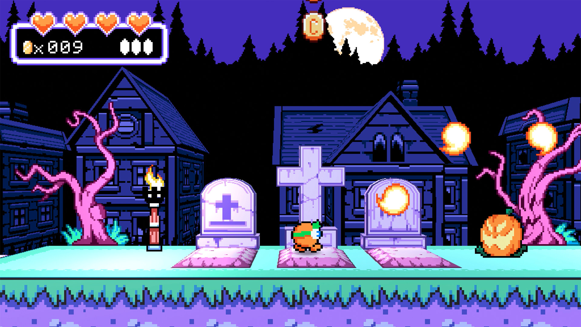 Rog moving to the right of the screen in a purplish, graveyard-themed level
