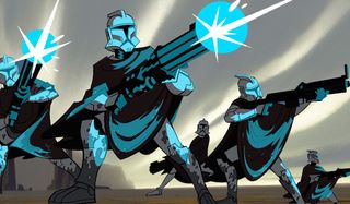 Clone troopers firing blasters