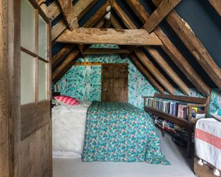 Colorful bedroom in Grade II listed farmhouse in Sussex