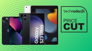 An iPhone, Samsung Galaxy and iPad lined up on a green background