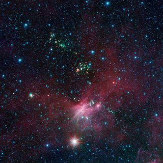 In this view showing a portion of sky near Canis Major, infrared data from NASA's Spitzer Space Telescope are green and blue, while longer-wavelength infrared light from NASA's Wide-field Infrared Survey Explorer (WISE) are red.