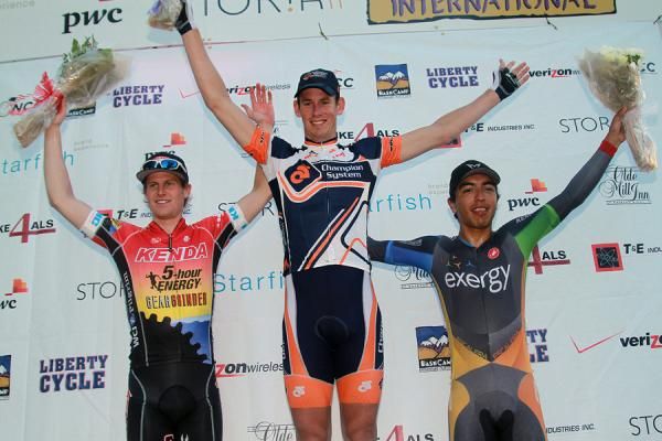 The podium- left to right: James Stemper (Kenda/5-Hour Energy Pro Cycling) is second, Clinton Avery (Champion System Pro Cycling) wins, Andres Faustino Alzate (Team Exergy) finishes third.