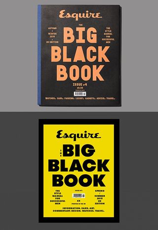 Marea Britanie Esquire 's extensie Bianuală a mărcii The Big Black Book' folosește o strategie de acoperire tipografică simplă, dar foarte izbitoare, folosind variații de negru și o singură culoare, adesea în Pantone luminoase