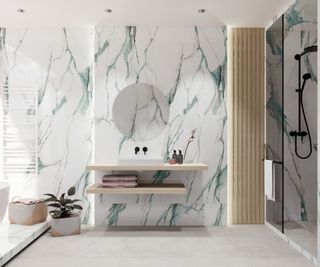 modern bathroom with white floor to ceiling marble tiling with a thin green vein running through