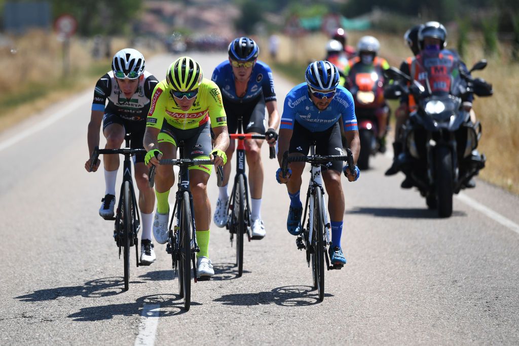 LAGUNAS DE NEILA SPAIN AUGUST 01 Alessandro Fancellu of Italy and Kometa Xstra Cycling Team Lionel Taminiaux of Belgium and Team Bingoal WB Ben OConnor of Australia and Team NTT Pro Cycling Simone Velasco of Italy and Team GazpromRusvelo Breakaway during the 42nd Vuelta a Burgos 2020 Stage 5 a 158km stage from Covarrubias to Lagunas de Neila 1872m VueltaBurgos on August 01 2020 in Lagunas de Neila Spain Photo by David RamosGetty Images