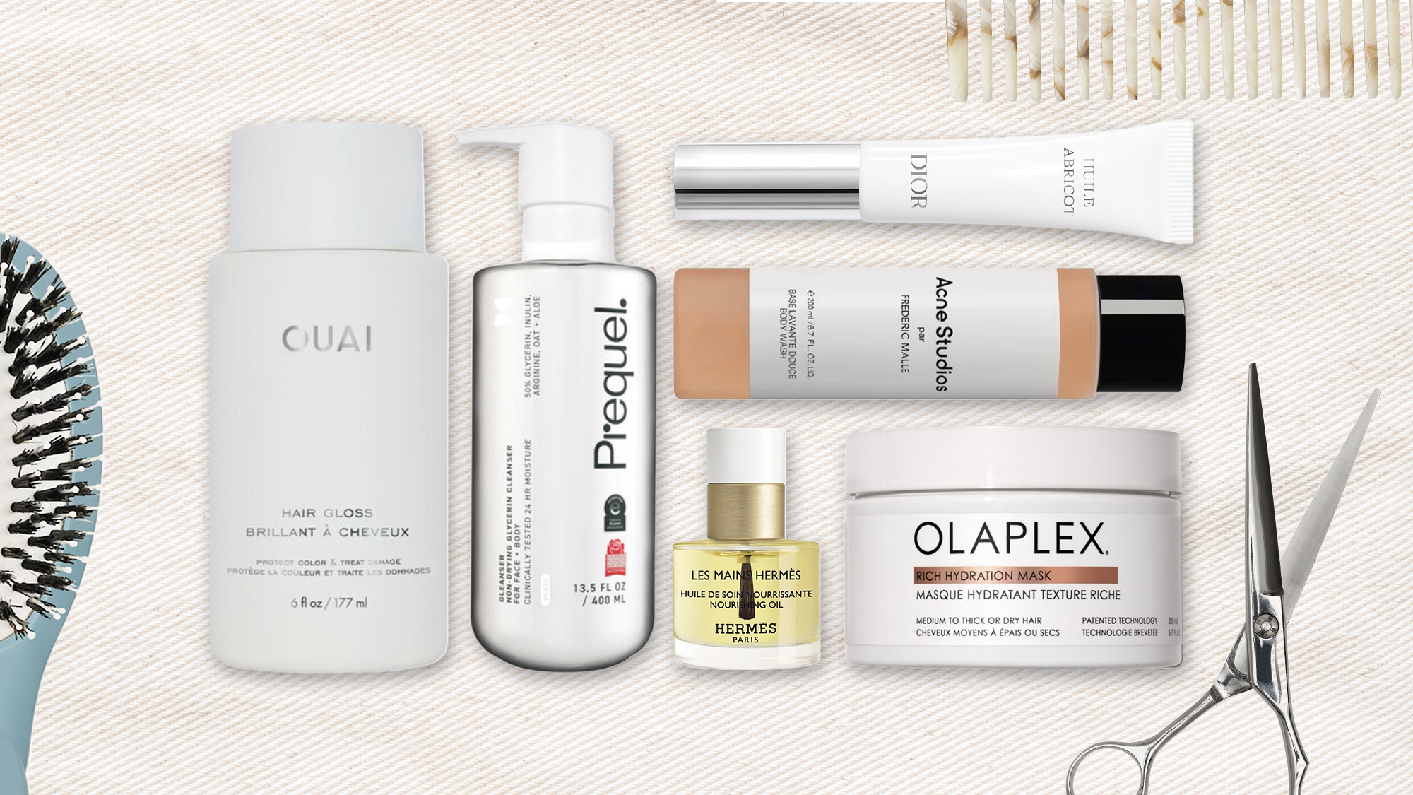 A collage of beauty products from La Bonne Brosse, Ouai, Prequel, Dior, Hermes, Acne Studios and Olaplex