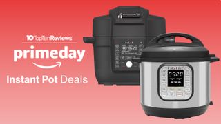Amazon Prime Day Instant Pot deals : Instant Pot cookers on red TTR Prime Day background