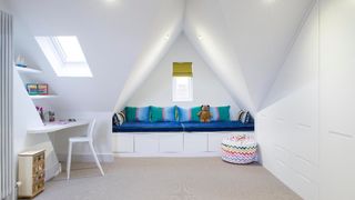 window seat storage bench in a loft conversion playroom