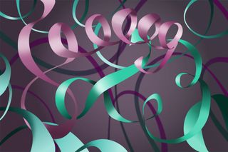 An abstract illustration of pink, purple and green ribbons based on protein structures.