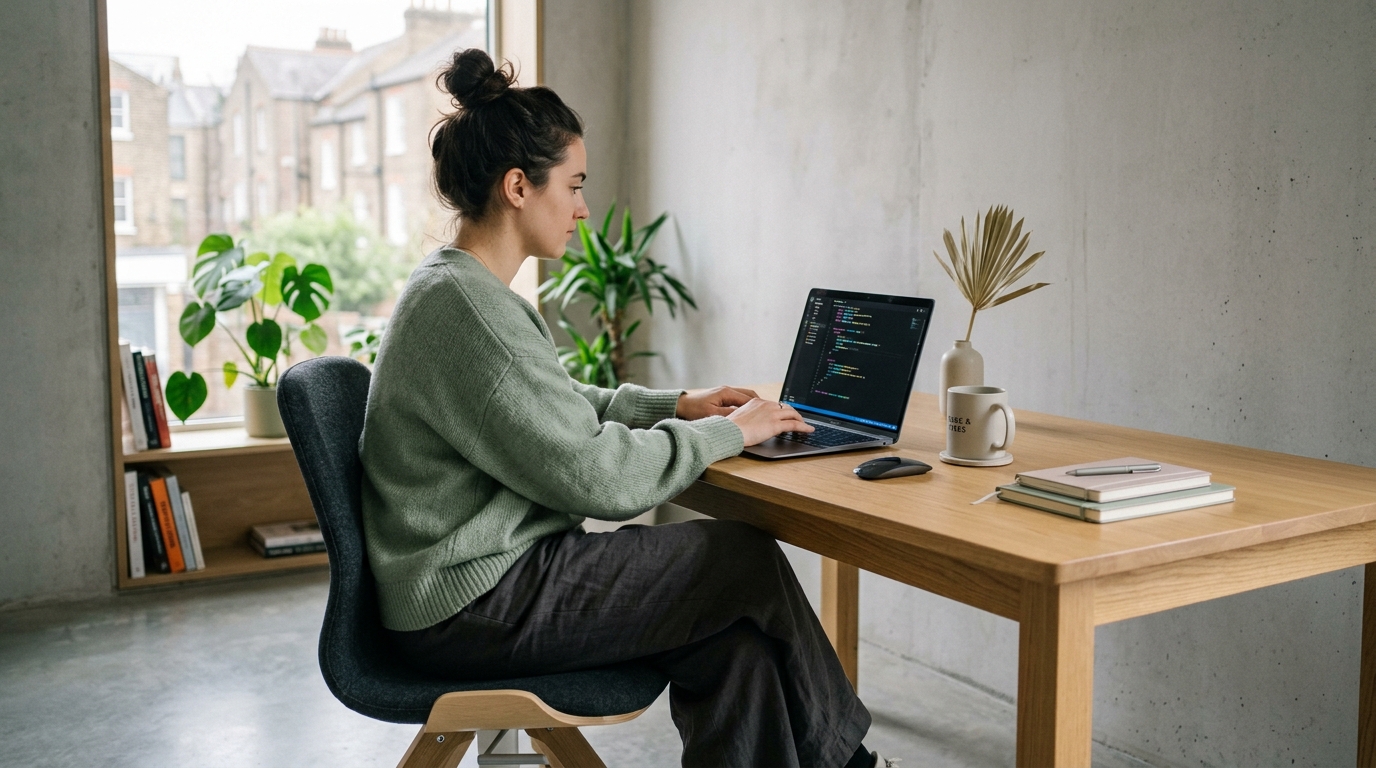 woman in a modern office using a laptop