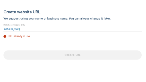 Экран создания URL-адреса конструктора сайтов Milkshake